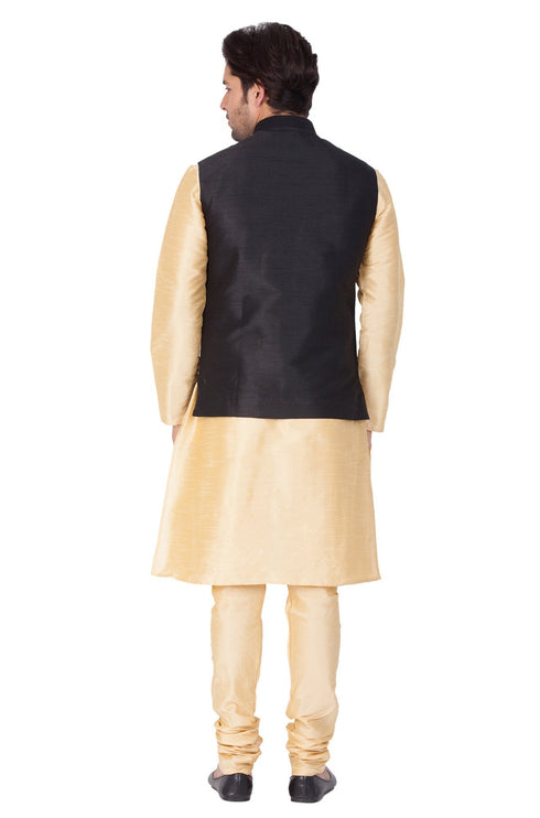 VASTRAMAY Men's Gold Cotton Silk Blend Kurta, Ethnic Jacket and Pyjama Set