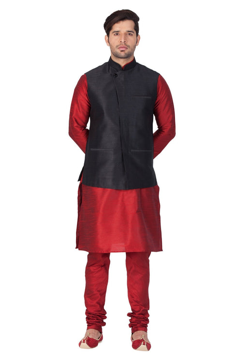 VASTRAMAY Men's Maroon Cotton Silk Blend Kurta, Ethnic Jacket and Pyjama Set