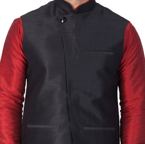 VASTRAMAY Men's Maroon Cotton Silk Blend Kurta, Ethnic Jacket and Pyjama Set