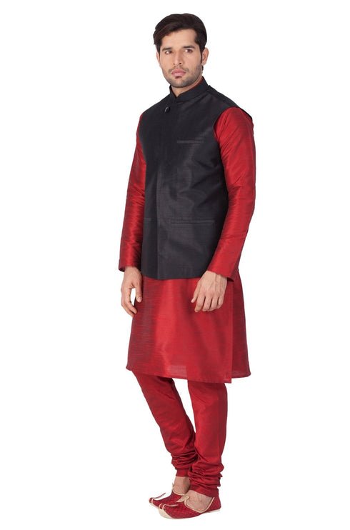 VASTRAMAY Men's Maroon Cotton Silk Blend Kurta, Ethnic Jacket and Pyjama Set