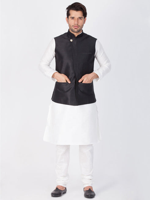 VASTRAMAY Men's White Cotton Silk Blend Kurta, Ethnic Jacket and Pyjama Set