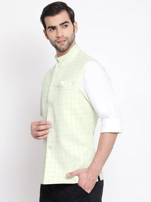 Vastramay Men's Mint Green Checkered Classic Linen Nehru Jacket
