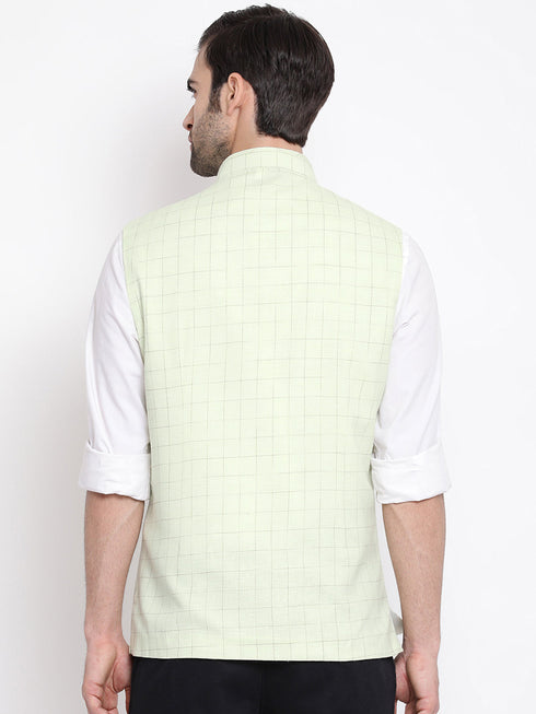 Vastramay Men's Mint Green Checkered Classic Linen Nehru Jacket