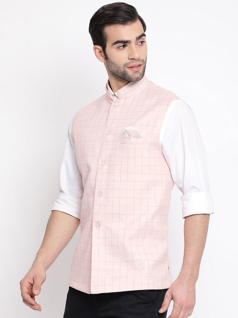 Vastramay Men's Pink Checkered Classic Linen Nehru Jacket
