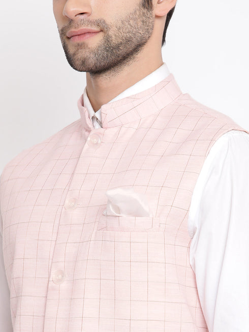 Vastramay Men's Pink Checkered Classic Linen Nehru Jacket