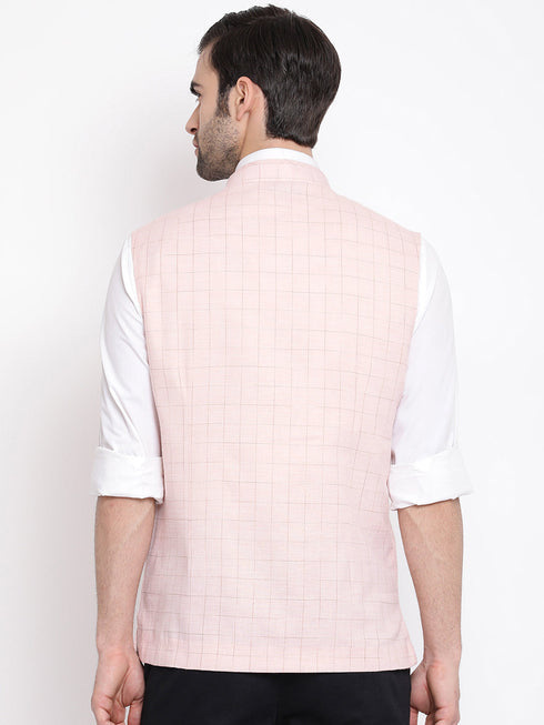 Vastramay Men's Pink Checkered Classic Linen Nehru Jacket