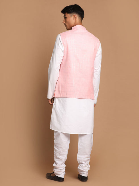 Vastramay Men's White Cotton Kurta, Checkered Royal Linen Nehru Jacket and Pyjama Set