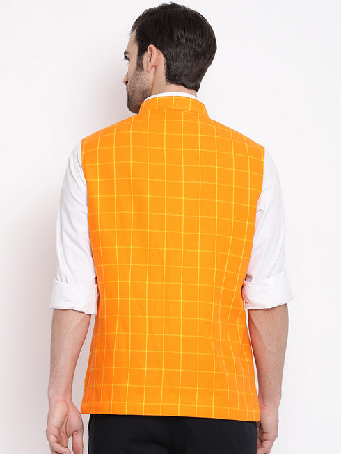 Vastramay Men's Orange Checkered Pattern Classic Nehru Jacket