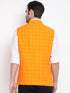 Vastramay Men's Orange Checkered Pattern Classic Nehru Jacket