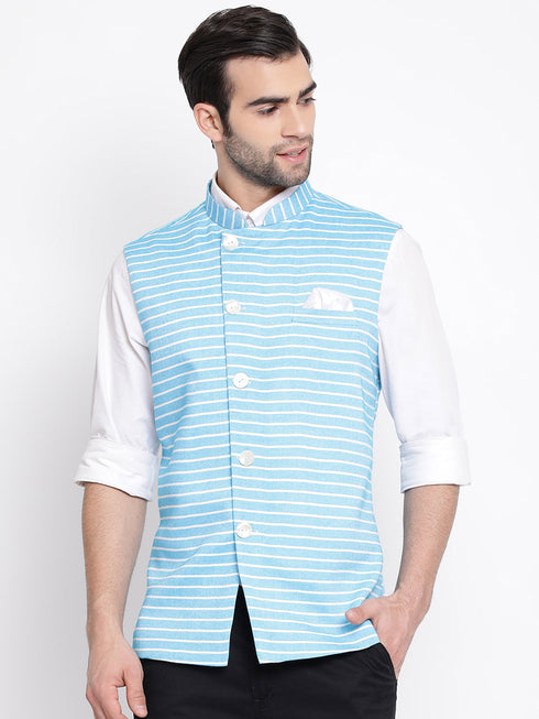 Vastramay Men's Blue Stripes And Angrakha Pattern Classic Nehru Jacket