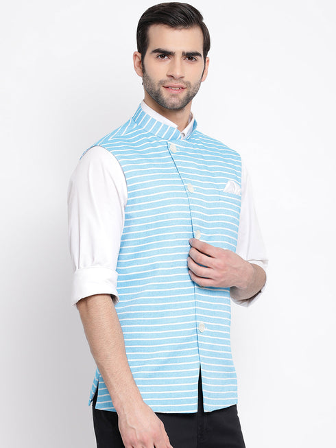 Vastramay Men's Blue Stripes And Angrakha Pattern Classic Nehru Jacket