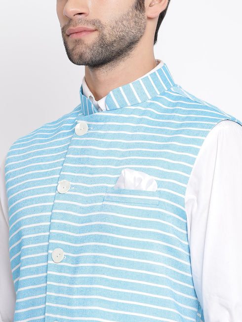 Vastramay Men's Blue Stripes And Angrakha Pattern Classic Nehru Jacket