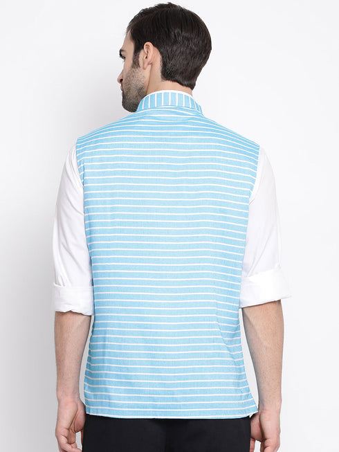 Vastramay Men's Blue Stripes And Angrakha Pattern Classic Nehru Jacket