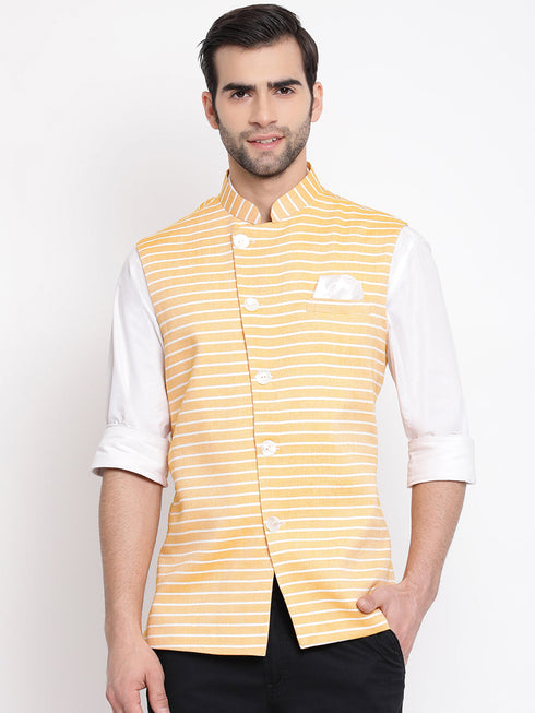 Vastramay Men's Orange Stripes And Angrakha Pattern Classic Nehru Jacket