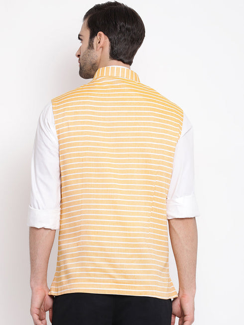 Vastramay Men's Orange Stripes And Angrakha Pattern Classic Nehru Jacket