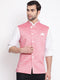 Vastramay Men's Red Stripes And Angrakha Pattern Classic Nehru Jacket