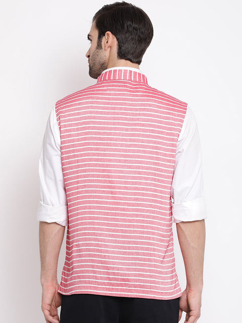 Vastramay Men's Red Stripes And Angrakha Pattern Classic Nehru Jacket