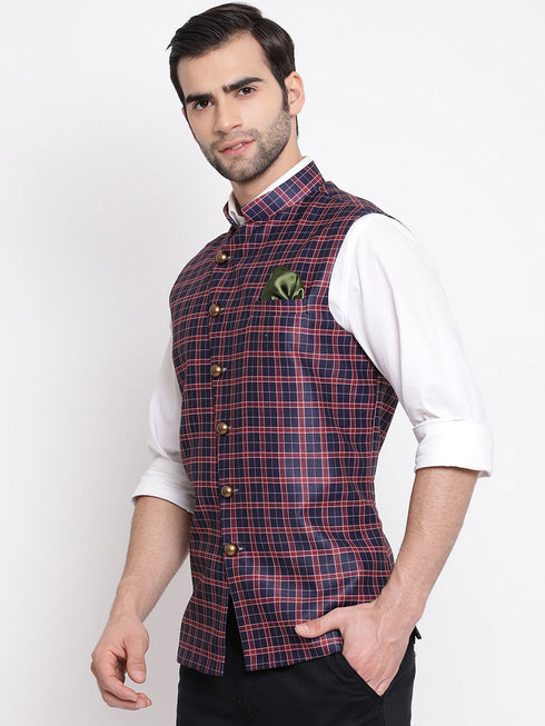 Vastramay Men's Blue Checked And Angrakha Pattern Classic Nehru Jacket