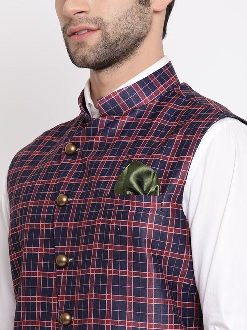 Vastramay Men's Blue Checked And Angrakha Pattern Classic Nehru Jacket