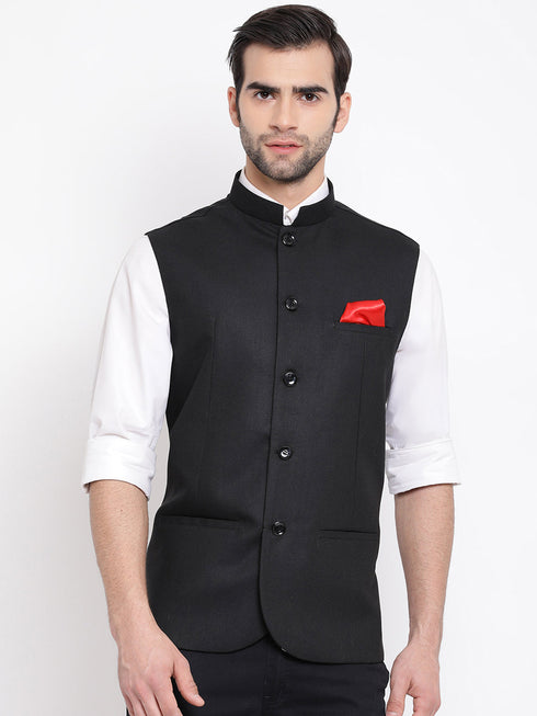 Vastramay Men's Black Cotton Silk Blend Nehru Jacket