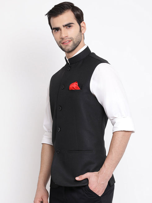 Vastramay Men's Black Cotton Silk Blend Nehru Jacket