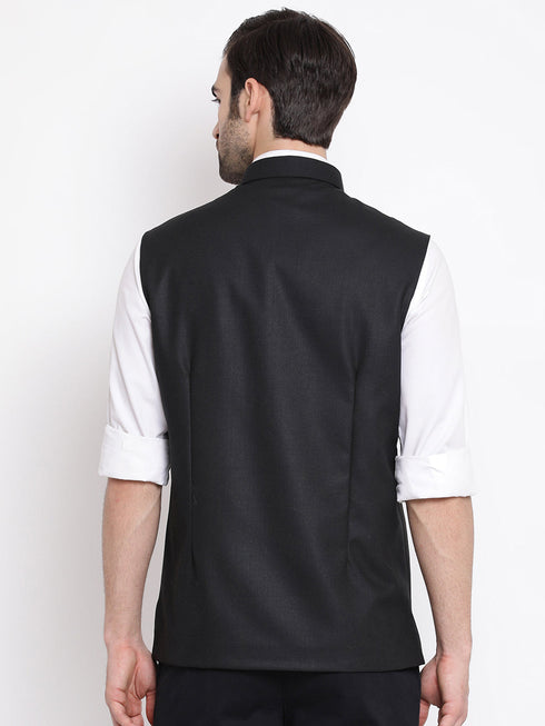 Vastramay Men's Black Cotton Silk Blend Nehru Jacket