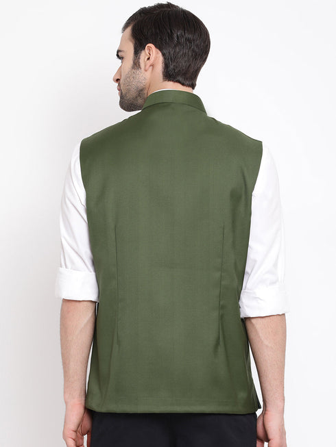 Vastramay Men's Green Cotton Blend Twill Nehru Jacket