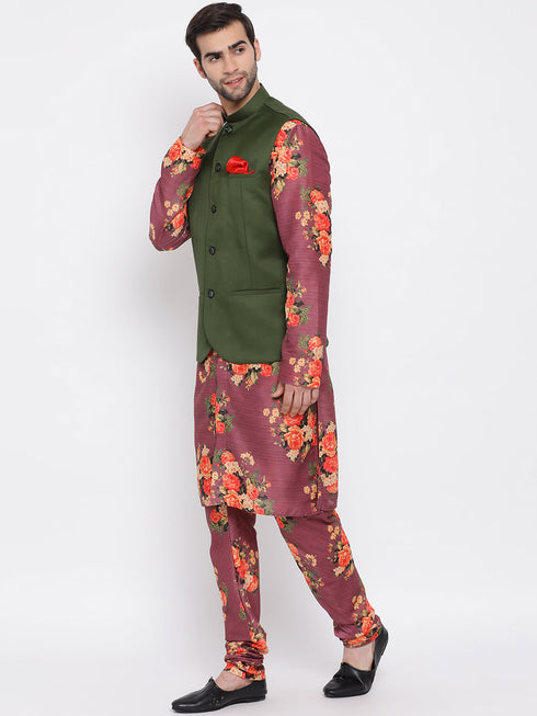 Vastramay Men's Green Twill Jacket, Printed Kurta and Pyjama Set