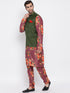 Vastramay Men's Green Twill Jacket, Printed Kurta and Pyjama Set