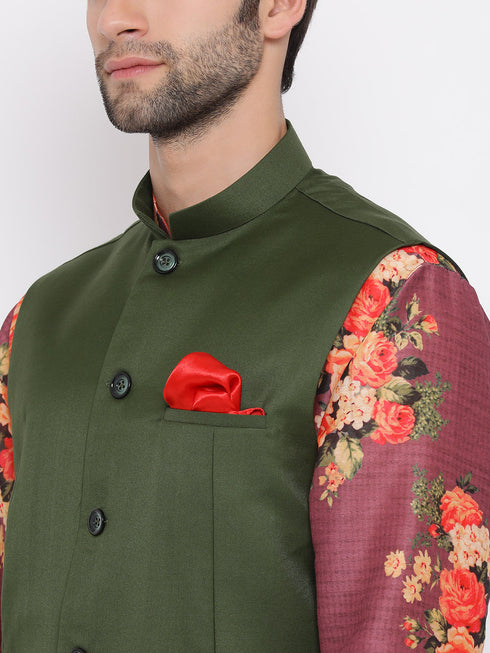 Vastramay Men's Green Twill Jacket, Printed Kurta and Pyjama Set