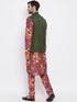 Vastramay Men's Green Twill Jacket, Printed Kurta and Pyjama Set