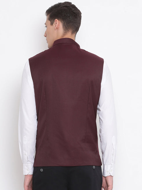 Vastramay Men's Maroon Cotton Blend Twill Nehru Jacket