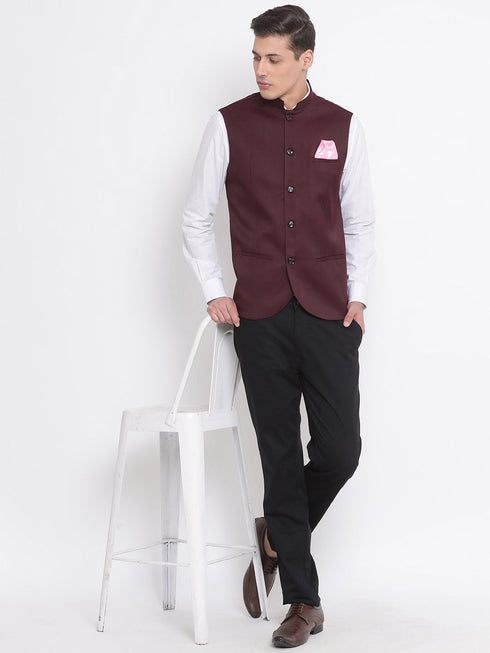 Vastramay Men's Maroon Cotton Blend Twill Nehru Jacket