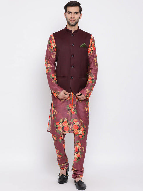 Vastramay Maroon Twill Jacket, Printed Kurta and Pyjama Set