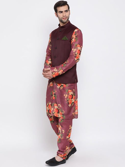 Vastramay Maroon Twill Jacket, Printed Kurta and Pyjama Set