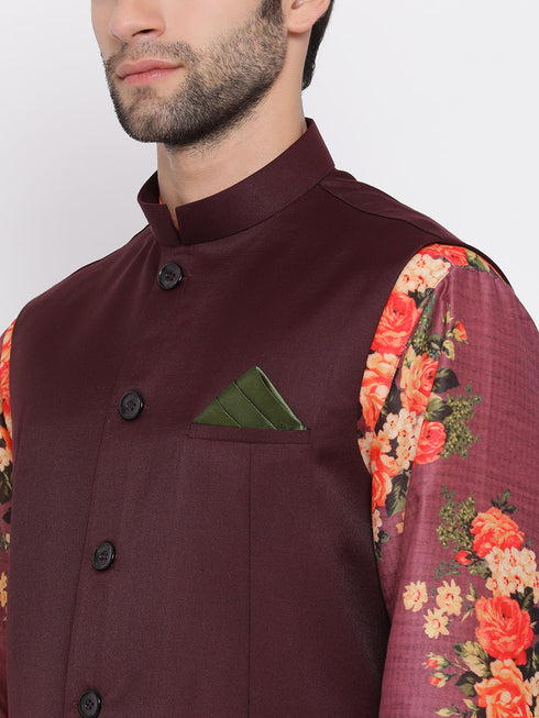 Vastramay Maroon Twill Jacket, Printed Kurta and Pyjama Set