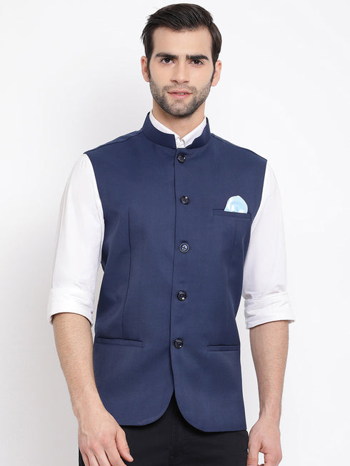 Vastramay Men's Navy Blue Cotton Blend Twill Nehru Jacket