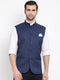 Vastramay Men's Navy Blue Cotton Blend Twill Nehru Jacket