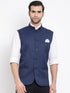 Vastramay Men's Navy Blue Cotton Blend Twill Nehru Jacket