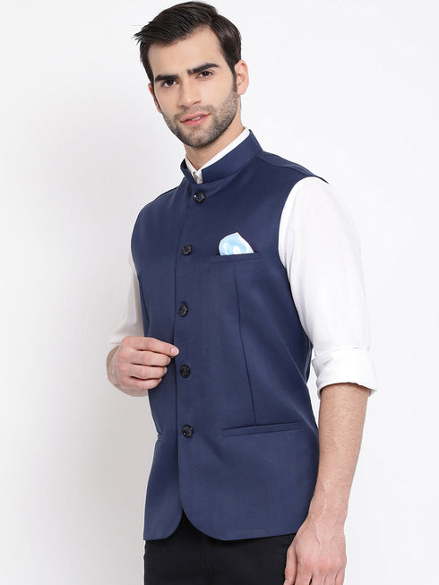 Vastramay Men's Navy Blue Cotton Blend Twill Nehru Jacket