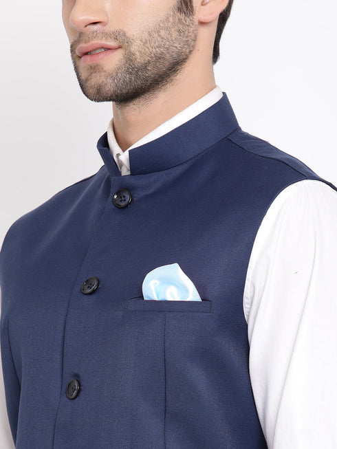 Vastramay Men's Navy Blue Cotton Blend Twill Nehru Jacket