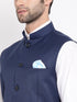 Vastramay Men's Navy Blue Cotton Blend Twill Nehru Jacket