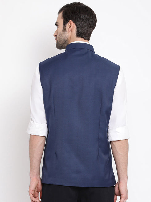 Vastramay Men's Navy Blue Cotton Blend Twill Nehru Jacket