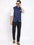 Vastramay Men's Navy Blue Cotton Blend Twill Nehru Jacket