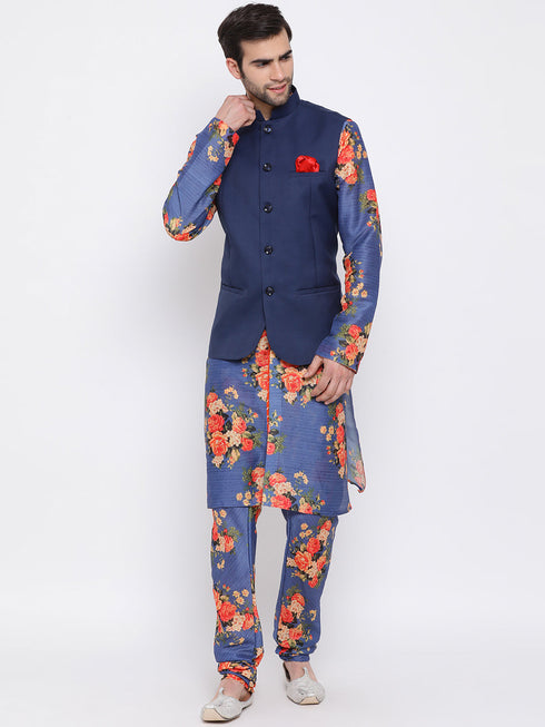 Vastramay Navy Blue Twill Jacket, Printed Kurta and Pyjama Set