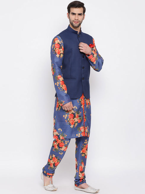 Vastramay Navy Blue Twill Jacket, Printed Kurta and Pyjama Set