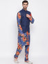 Vastramay Navy Blue Twill Jacket, Printed Kurta and Pyjama Set