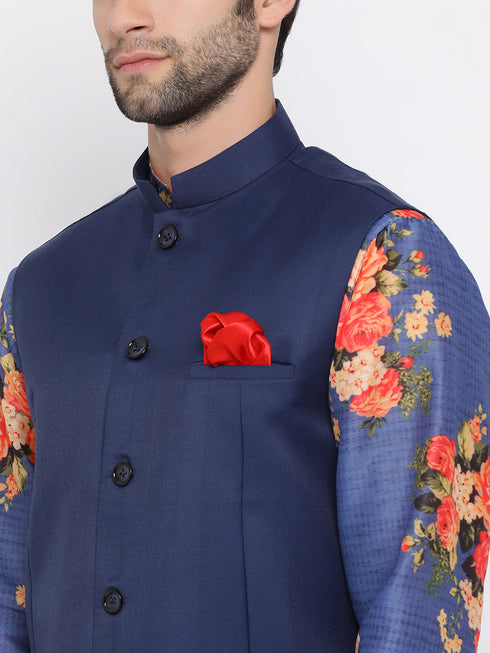Vastramay Navy Blue Twill Jacket, Printed Kurta and Pyjama Set