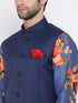 Vastramay Navy Blue Twill Jacket, Printed Kurta and Pyjama Set