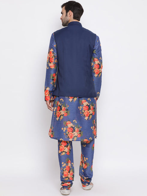 Vastramay Navy Blue Twill Jacket, Printed Kurta and Pyjama Set
